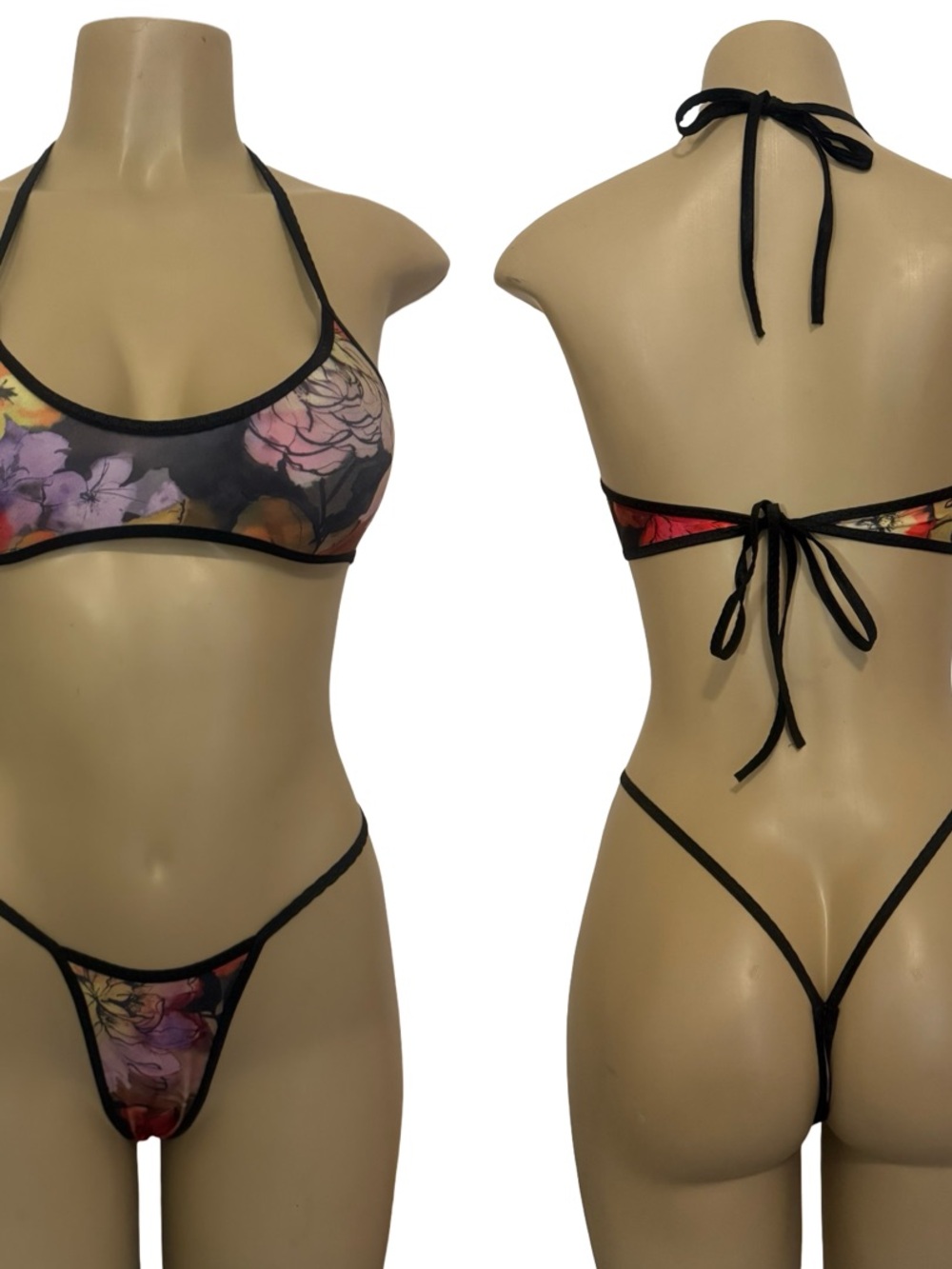 Floral Mesh Bikini Set with Black Trim - Multicolor